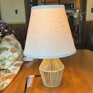 Neutral Beige Rope Table Lamp with Light Blue Shade - Home Accents